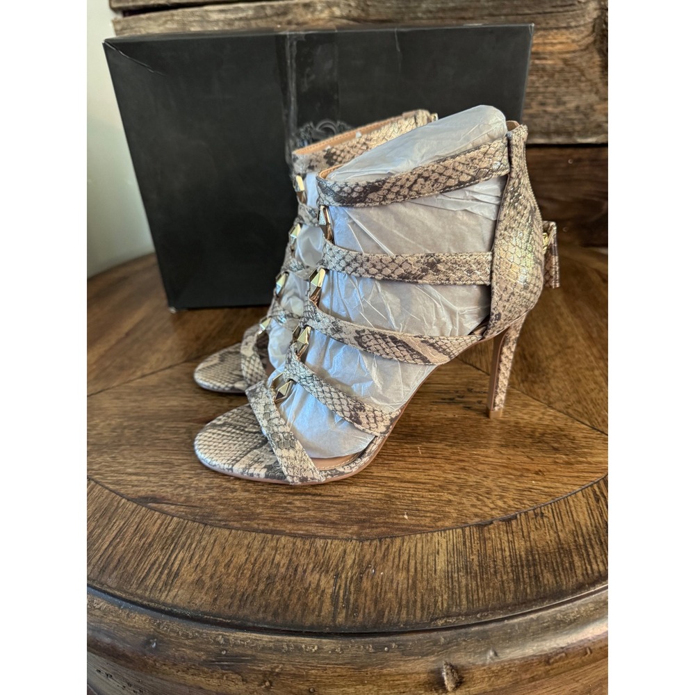 Vince Camuto VC-Azelie Snake Sheen Gold Studded Strappy Stiletto Sandals 6.5M